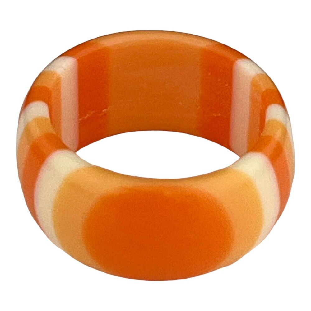 Vintage 1970s Lucite Ring Orange Cream Striped Band Bold Mod - 13S